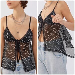 Urban Outfitters Tie Front Polka Dot Lace Trim Sheer Cami Top Black Size Small